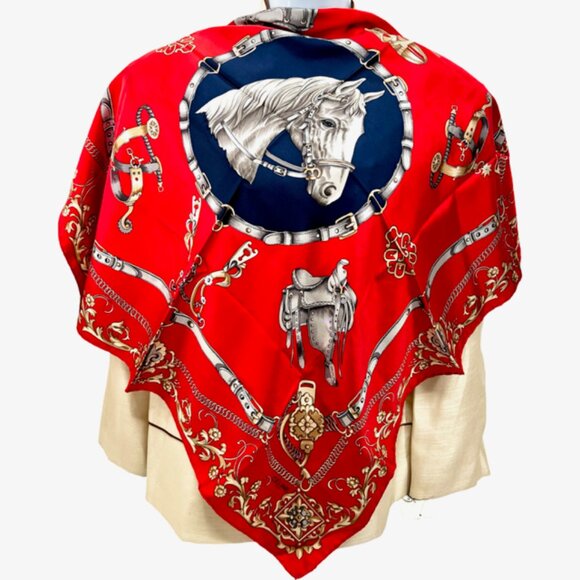 Unused Celine Paris 100% Silk Scarf Satin 34" Horse Red Blue Gold (36 - Picture 7 of 16
